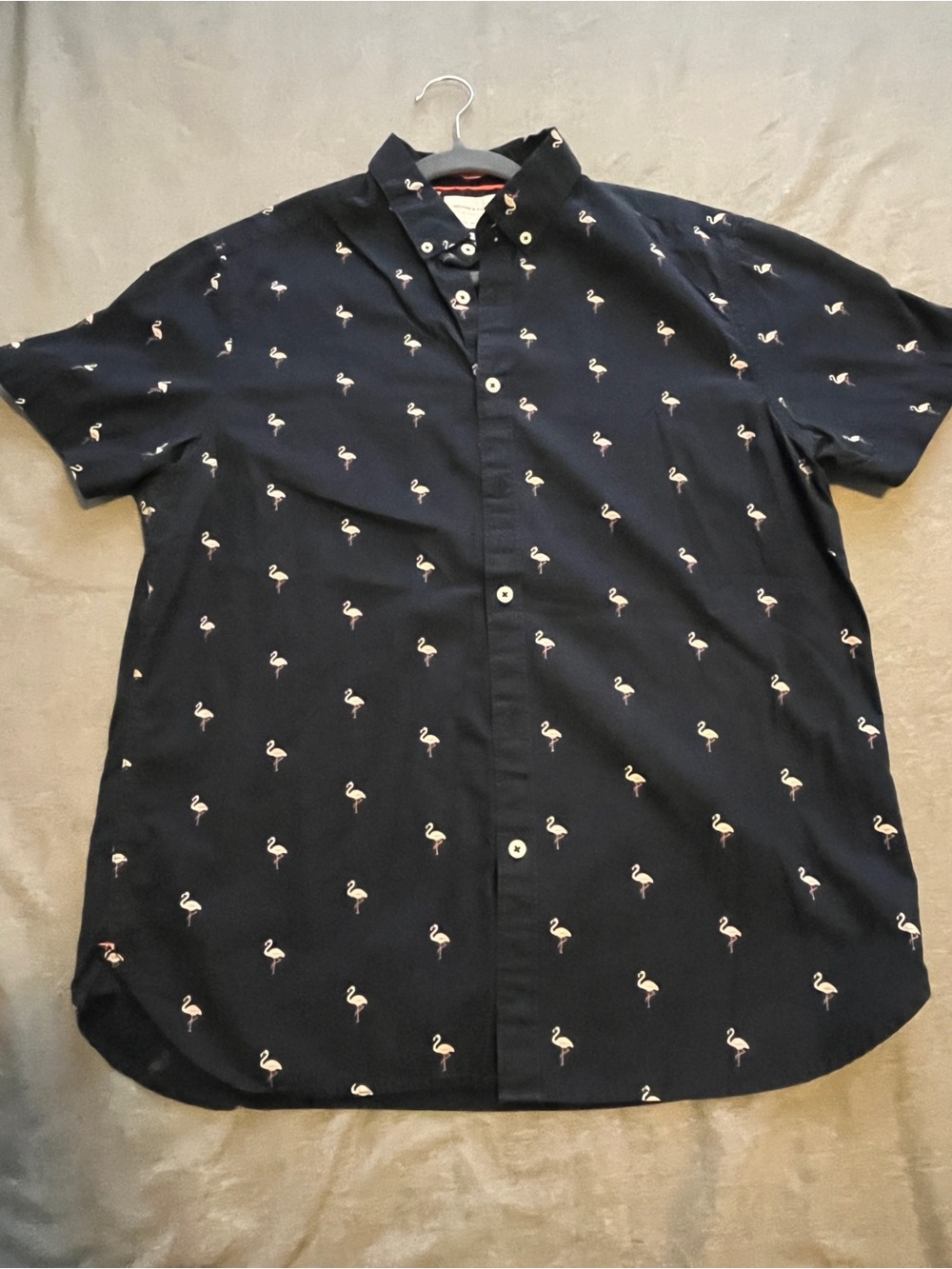Denim & Flower Navy Short-Sleeve Button-Down with Pink Flamingo Print